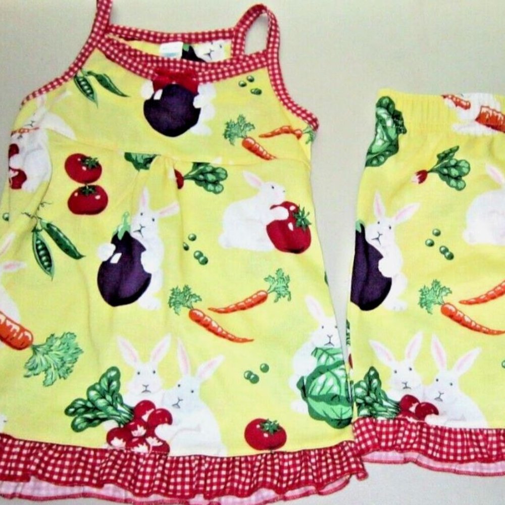 NWT Nick & Nora Girls PJ Pajama Sleep Set Size XS 4/5 Yellow Bunny Rabbit Garden